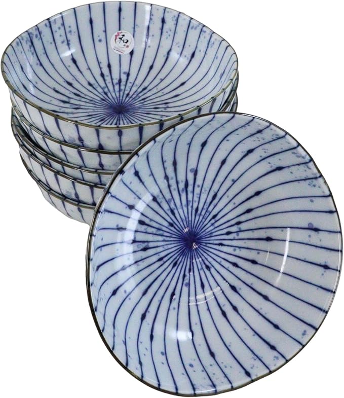 Ebros Gift Artistic Blue Waves Fubuki Tokusa Made In Japan Dinnerware Serveware Kitchenware Set Asian Japanese Restaurant Supply (Pack Of 6 Round Flair Medium Shallow Bowls 20oz)