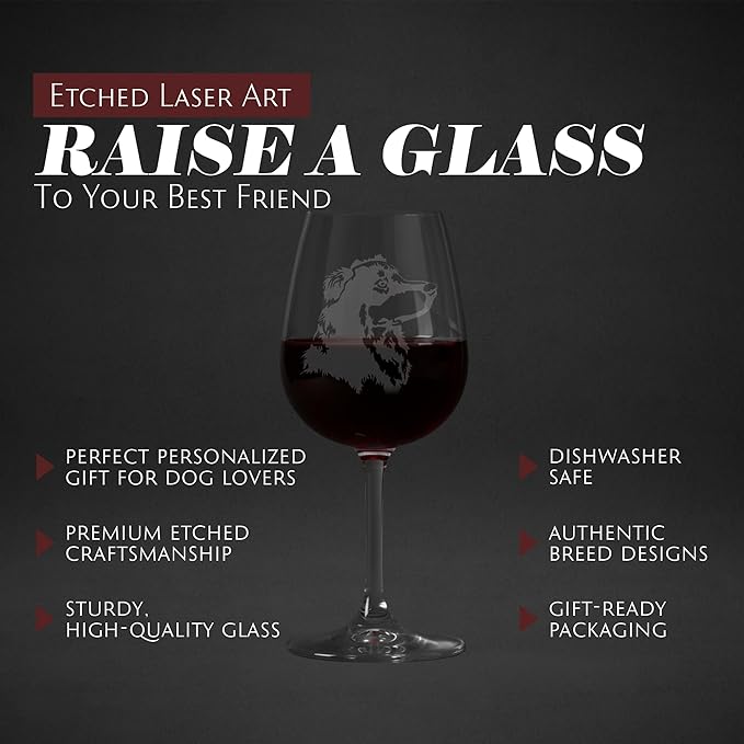 Etched Laser Art English Shepherd Personalized Dog Themed Etched 12.75oz Wine Glass Custom Dog Breed Wine Glasses, Ideal for Pet Lovers, Unique Birthday Gift for Men & Women, Personalized Gift