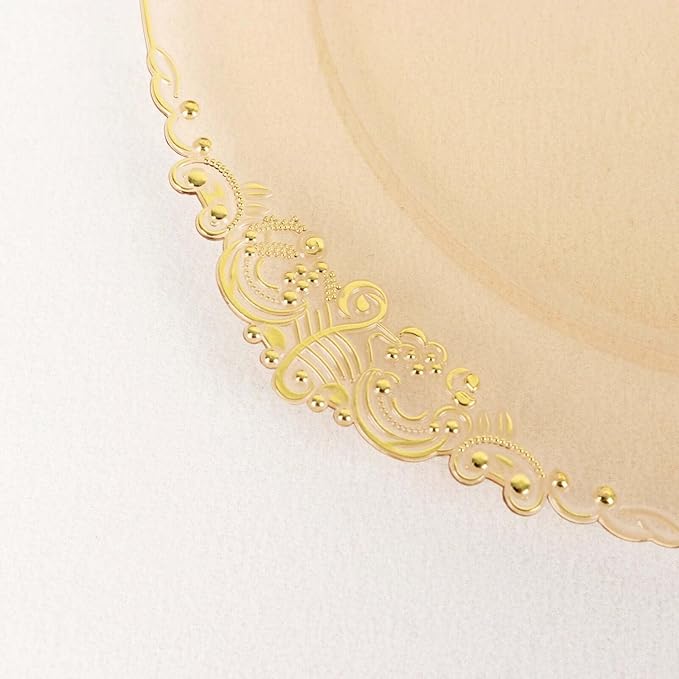 10" Dinner Plates -Set of 10 - Plastic Transparent Gold Round Baroque Disposable Chargers Leaf Embossed Rim, Ideal for Dinner Party Wedding Bulk Events