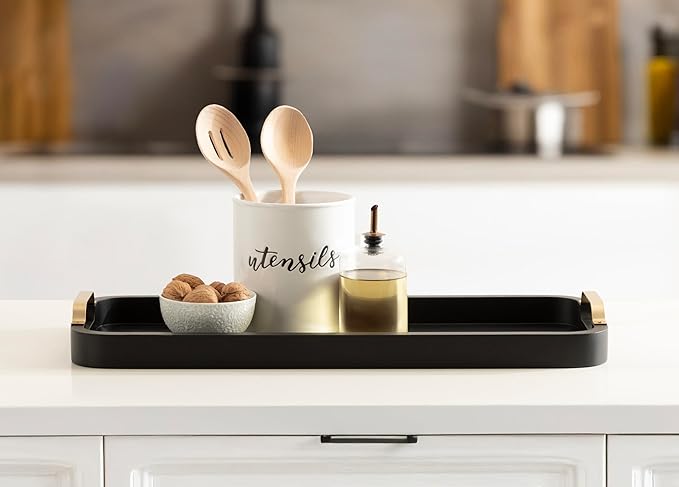 Kate and Laurel Farson Modern Decorative Wood Rectangle Tray with Handles, 10 x 24, Black and Gold, Transitional Rectangular Tray for Use as Entryway Tray Decor or Ottoman Serving Tray
