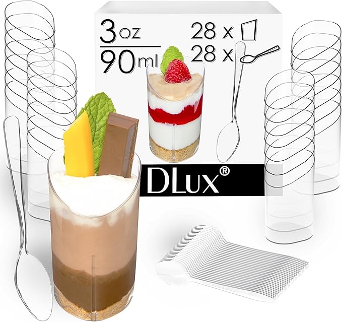 DLux 28 x 3 oz Mini Dessert Cups with Spoons, Slanted Triangle - Clear Plastic Parfait Appetizer Cup - Small Reusable Serving Bowl for Tasting Party Desserts Appetizers - With Recipe Ebook