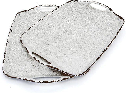 TP Large Serving Trays with Handles, 19" x 12" Melamine Serving Platters for Food, Turkey, Set of 2 Rectangular Trays for Party, Rustic White