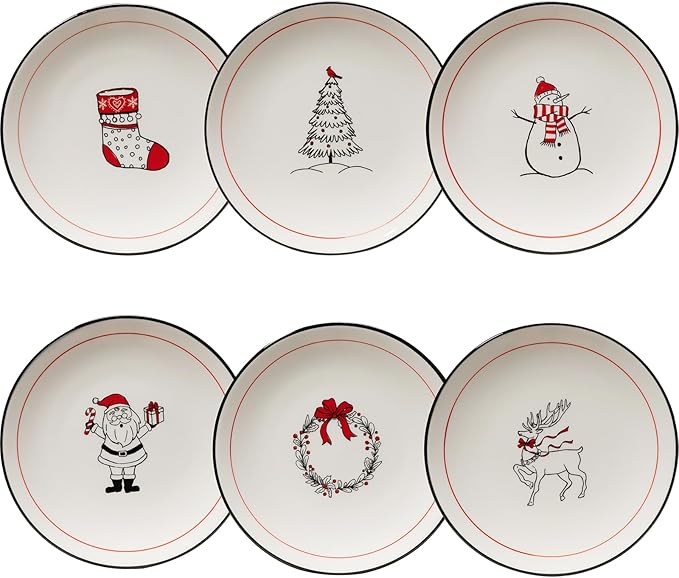 LEHAHA Ceramic Christmas Plates, 6 inch Porcelain Holiday Round Appetizer Plates, Set of 6 Plates for Kitchen, Great for Dessert,Appetizer,Cake. Dishwasher and Microwave Safe