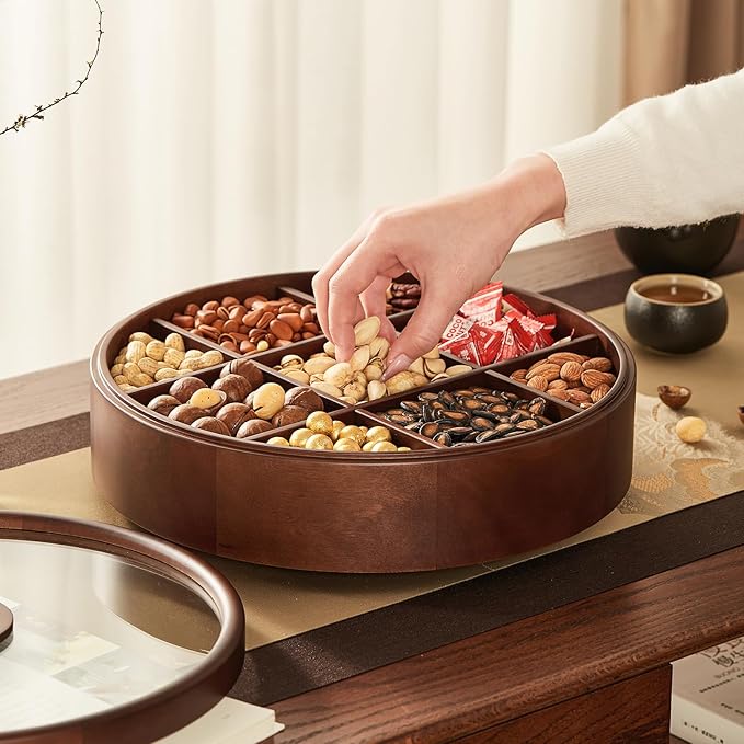 12" Wooden Serving Tray with Lid, 360° Rotating Snack Try, 9 Compartments, Platter Organizer for Snacks, Candy, Nuts, Chips, Tray for Party, Family Dinner and Holidays