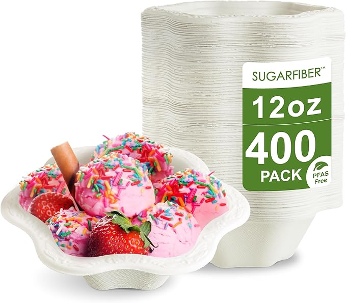 [400 COUNT]12oz Compostable Floral White Paper Bowls - Acanthus Collection Natural Sugarcane Disposable Bagasse Bowls Eco Friendly Plastic-Free ice cream Bowl Elegant - New Version