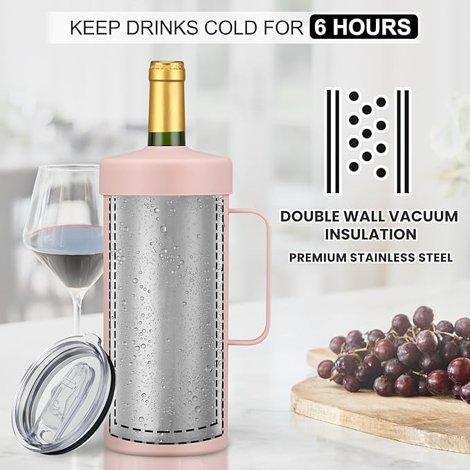 MAXSO 42oz Wine Chiller Iceless Cooler Tumbler - Gift for Wine Lovers, 2-IN-1 Stainless Steel Vacuum Insulated Bucket Portable Mug Cup Wine Accessory Keep Cold, Fit Most 750ml Wine & Champagnes, Pink