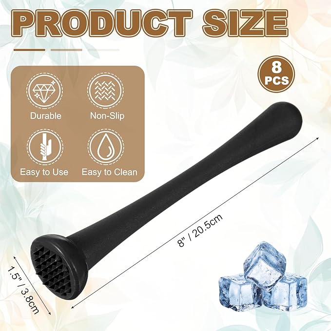 uxcell 8 Pcs Cocktail Muddler, 8 Inch PP Drink Muddler Bar Accessories Tools Ice Crusher for Home Party Cocktail Fruit Drinks, Black (Thin)