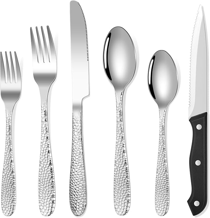 Hammered Silverware Set for 4, Heavy Duty 18/0 Flatware Set with Steak Knives, Aswwid 24 Pcs Stainless Steel Kitchen Cutlery Set Include Forks Spoons and Knives, Mirror Utensil Dishwasher Safe