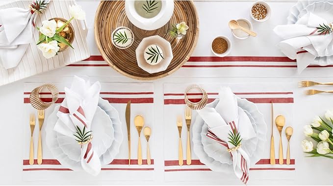 Solino Home Linen Placemats Set of 4 - French Stripe Red and White Placemats 14 x 19 Inch - 100% Pure Linen Table Mats for Christmas, Holiday, Winter, New Year