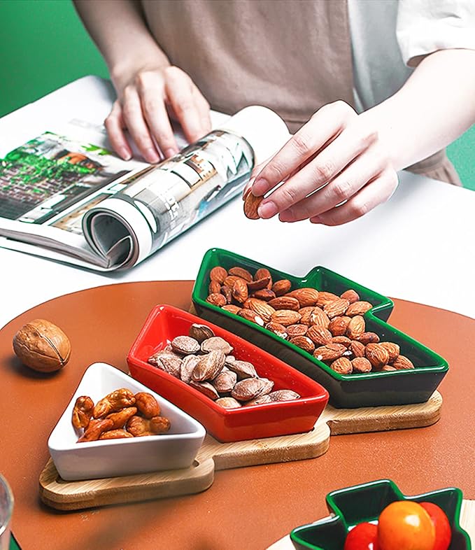 Colorful 10.8 Inches Snack Appetizer Trays Set, Christmas Tree Dessert Serving Dishes, Snack Platter, 3 pcs Removable Porcelain Plates with Bamboo Tree Tray