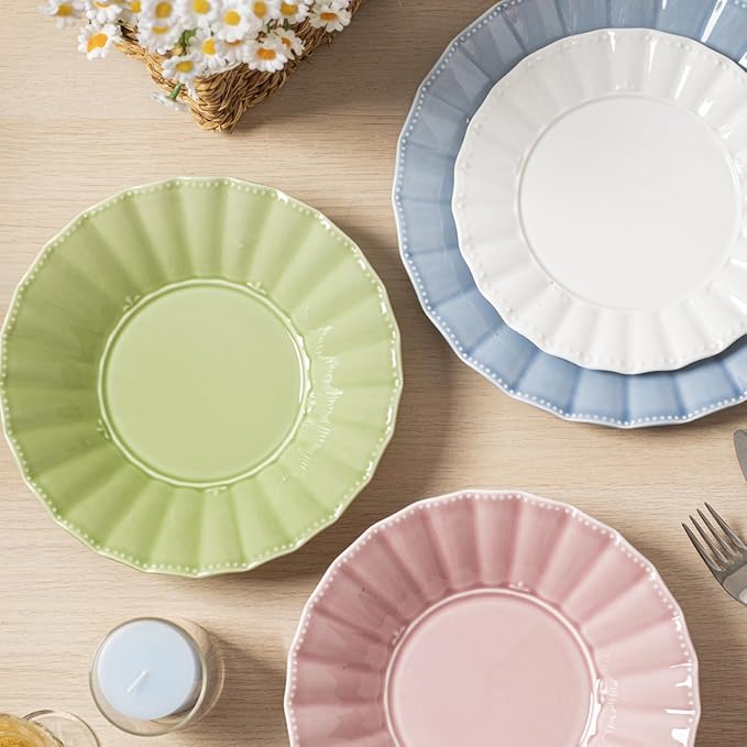 HOMBENE Dinner Plates 10.5 Inches Set for 6, Ceramic Plates, Salad Serving Plates, Wavy Style, Microwave & Dishwasher Safe Plates for Cake Waffles Snacks (Dreamy Sakura Pink)