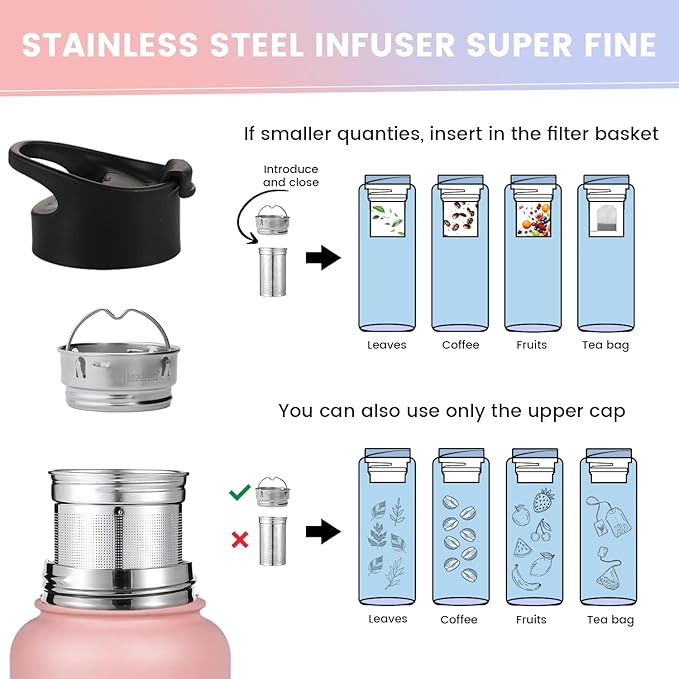 Lexlion Tea Infuser Water Bottle 32 Oz – Triple Wall Insulated Stainless Steel, Loose Leaf & Fruit Strainer, 3 Leakproof Lids, BPA-Free Silicone Sleeve, Reusable Thermal Mug