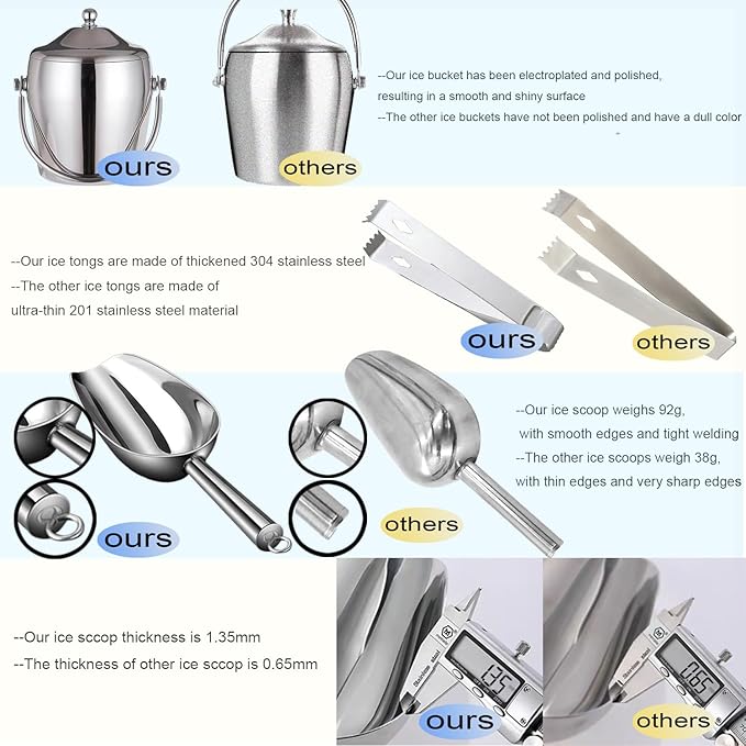 Ice Bucket Champagne Bucket with Tongs Scoop Lid, Double Wall Wine Bar Freezer Ice Bucket with Stand & Carrying Handle, Stainless Steel Mirror Bucket Champagne Bucket for Parties Bar Home,2L(Silver)