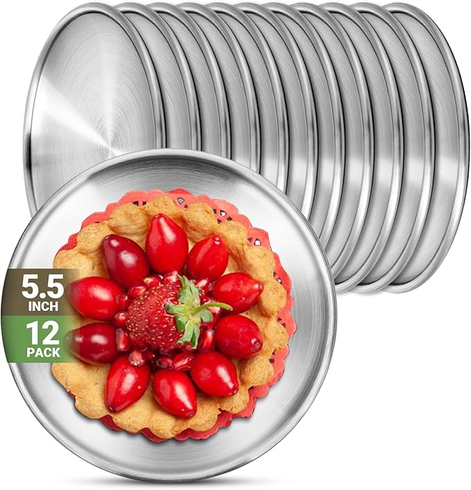 Stainless Steel Plates, 12 Pack 5.5 inch 304(18/8) Metal Food Serving Plate Set, Reusable Snack Eating Dishes Round Shatterproof Plate Silver Dinnerware for BBQ Dinner Oven Dishwasher Safe