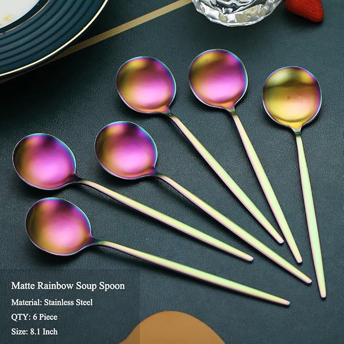 Matt Rainbow 6 Piece Dinner Spoons, 8.1'' Stainless Steel Tablespoons, Dessert Spoons, Silverware for Home, Kitchen or Restaurant, Dishwasher Safe