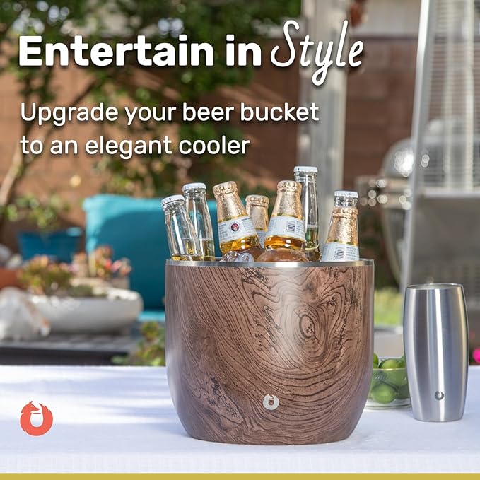 SNOWFOX XL Premium Vacuum Insulated Double Wall Stainless Steel Ice Bucket with Lid/Scoop, Bar Accessories, Large Elegant Party Bucket, Chill Several Bottles, Beautiful Entertaining, 7L, Dark Walnut