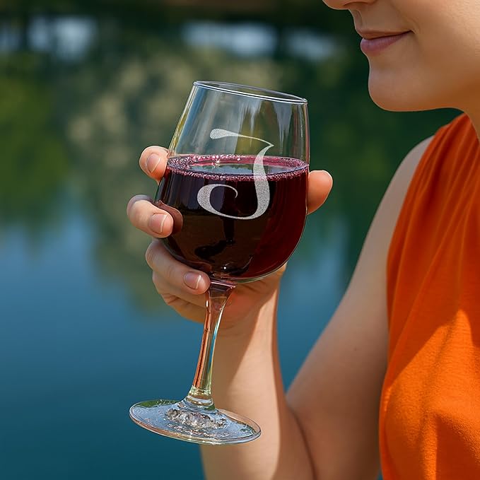 Monogrammed A-Z Wine Gifts for Women - 12.75 oz Engraved Personalized Wine Glass- Funny Wine Lover Monogram Gifts for Women - Unique Wine Glasses Gift Set (J)