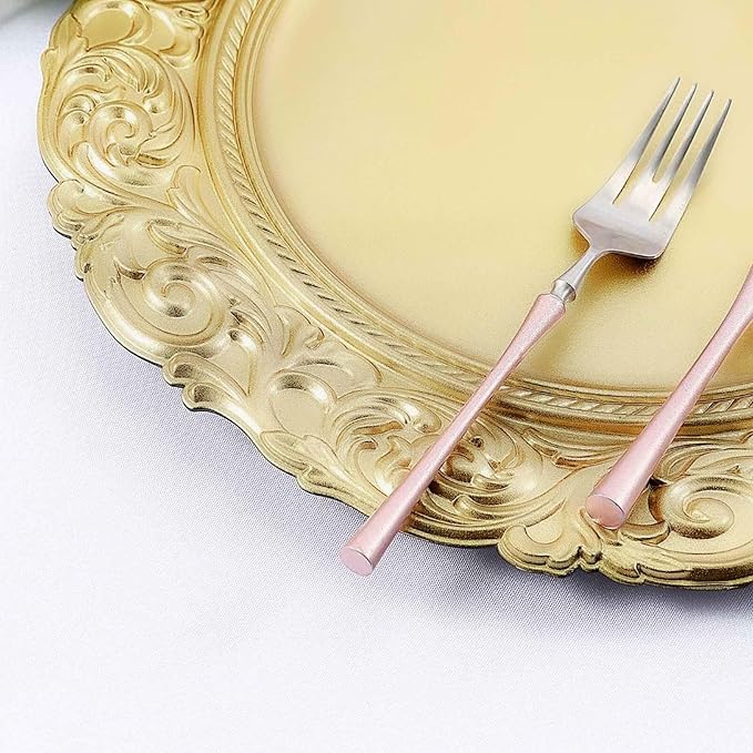 Efavormart Set of 6 GOLD 14" Round Plastic Charger Plates With Engraved Baroque Design Rim For Wedding Party Events
