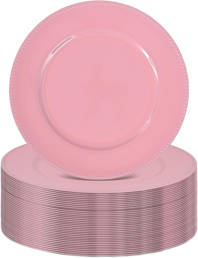 36 Pcs Pink Charger Plates, 13 Inch Round Plastic Chargers for Dinner Plates, Elegant Wedding Plate Charger Bulk, Reusable Chargers Serving Plates for Wedding Party Event Tabletop Decoration