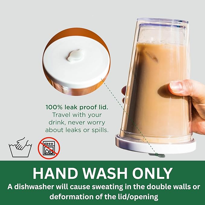 Kensal Home Reusable Iced Coffee Cup (16 Oz/Grande), Leak Proof and Double Wall Insulated Iced Coffee Tumbler, Come with Reusable Plastic and Metal Straws and Straw Cleaner - White