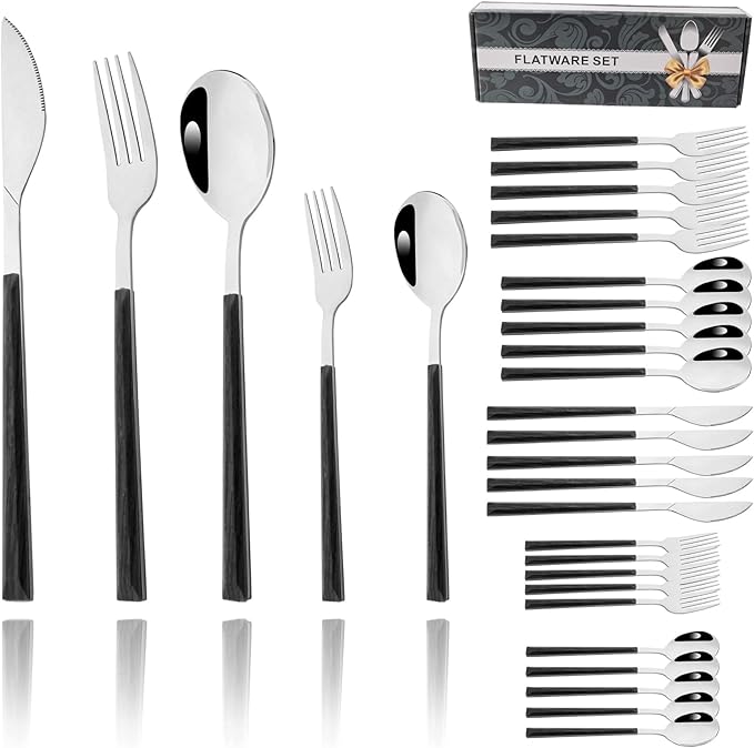 30pcs Modern Handle Flatware Set, Stainless Steel Cutlery Set Include Knife/Fork/Spoons, Mirror Polish, Service for 6 (Black Silver)