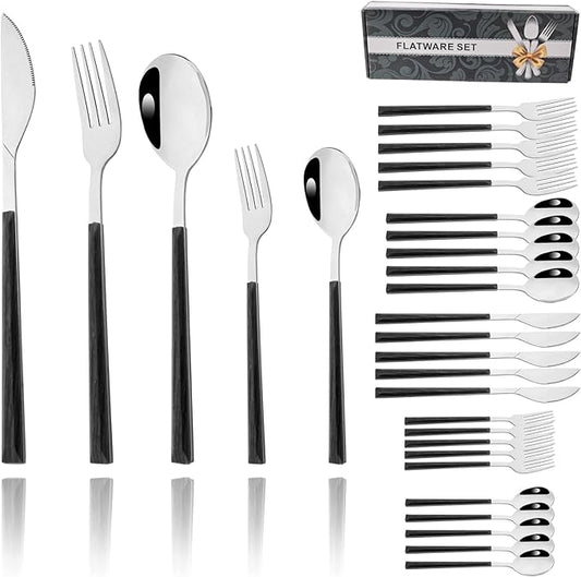 30pcs Modern Handle Flatware Set, Stainless Steel Cutlery Set Include Knife/Fork/Spoons, Mirror Polish, Service for 6 (Black Silver)