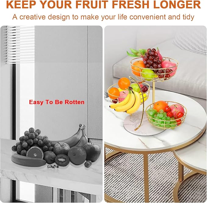 Livabber Fruit Basket Bowl with Banana Hanger, Metal Fruit Vegetable Storage Basket with Banana Holder for Kitchen Counter, Detachable Organizer for Bread Snack Produce (Gold, 3-Tier Marble Base)