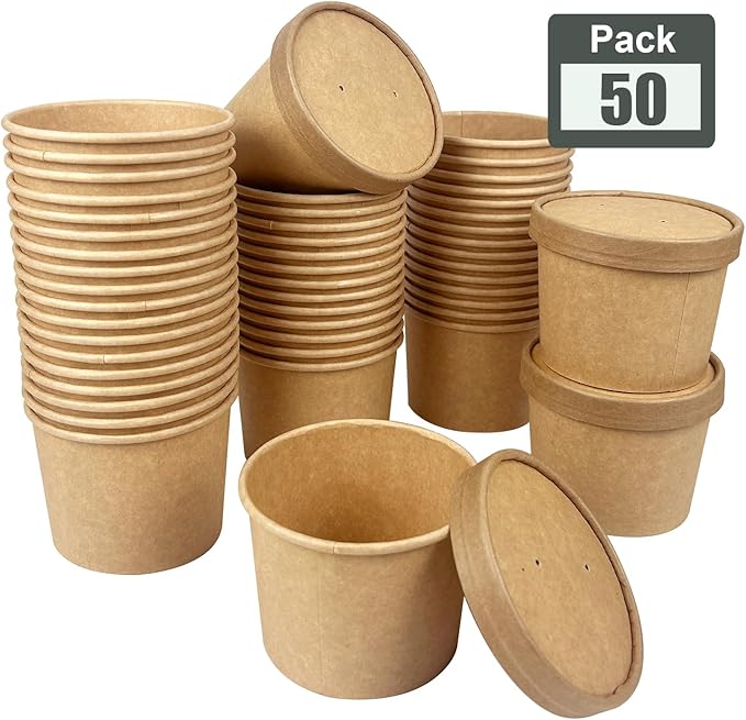Wei Long 50-Pack 12 oz To Go Soup Containers with Lids,Paper Soup Containers Disposable Paper Bowls with Vented Lids,Cups for Ice Cream,Dessert,Frozen Yogurt,Oatmeal(Brown)