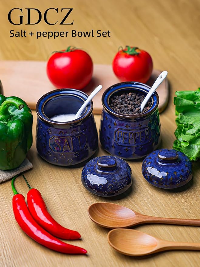 GDCZ 10 Oz Ceramic Salt and Pepper Bowls Set with Lid and Spoons, Seasoning Container, Dishwasher Safe, Set of 2 (Blue)