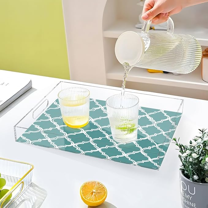 Serving Tray with Handles Clear Acrylic Tray 12x16 Inch Decorative Rectangular Tray Organizer for Ottoman Coffee Table Bathroom Teal Minimalist Quatrefoil
