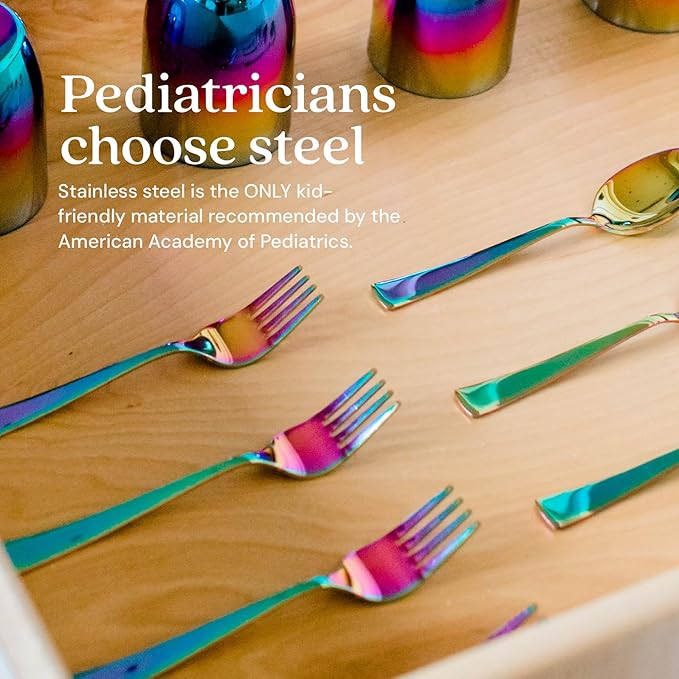Ahimsa Stainless Steel Kids Utensils Set, Pediatrician Designed, Colorful Kids Silverware, Non Toxic, Dishwasher Safe, Rainbow Fork and Spoon