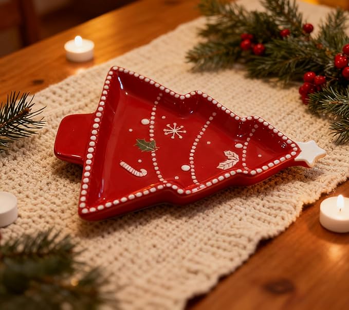 12 Inches Snacks Appetizer Trays Set, Christmas Tree Dessert Porcelain Serving Dishes, Snack Platter, Food Cereal Salad Tray, Red Xmas High Relief Ceramic Plate - Star