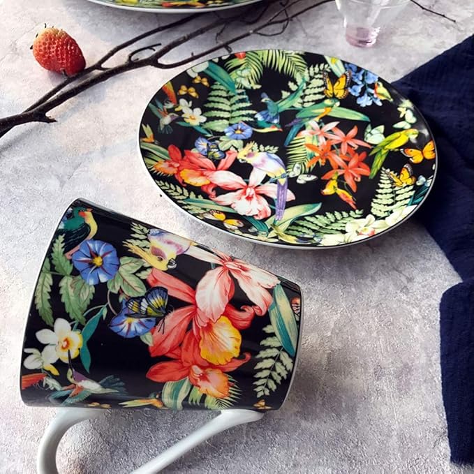 SHINING Porcelain Bone China Dinnerware Ceramic Floral Design Tableware Service Plate Mug Bowl Set (Black Breakfast Mug)