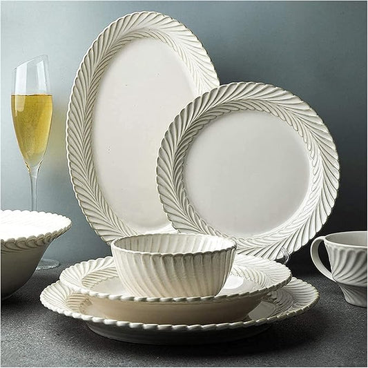 Ceramics Dinner Sets, 25 Pieces White Glaze Porcelain Dinnerware Set for Wedding Gifts | Retro Relief Cereal Bowl and Steak Plate Set