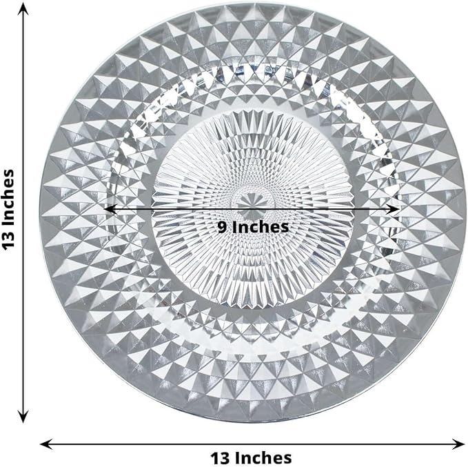 Efavormart 6 Pack | 13" Sparkling Silver Diamond Disposable Dinner Serving Plates, Shiny Round Plastic Charger Plates