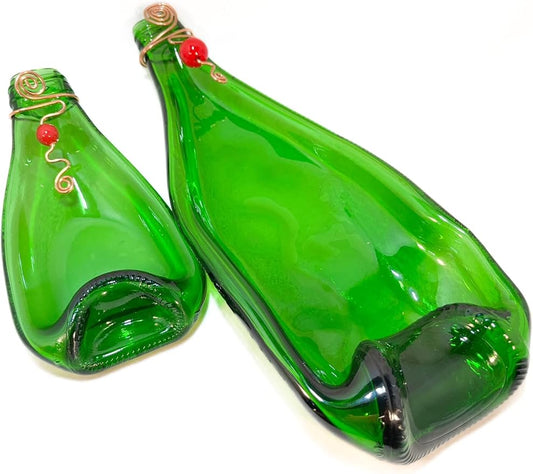 Set of 2 Nesting Appetizer Plates or Ergonomic Dishes for Olives Slumped Glass Bottles Red Beads