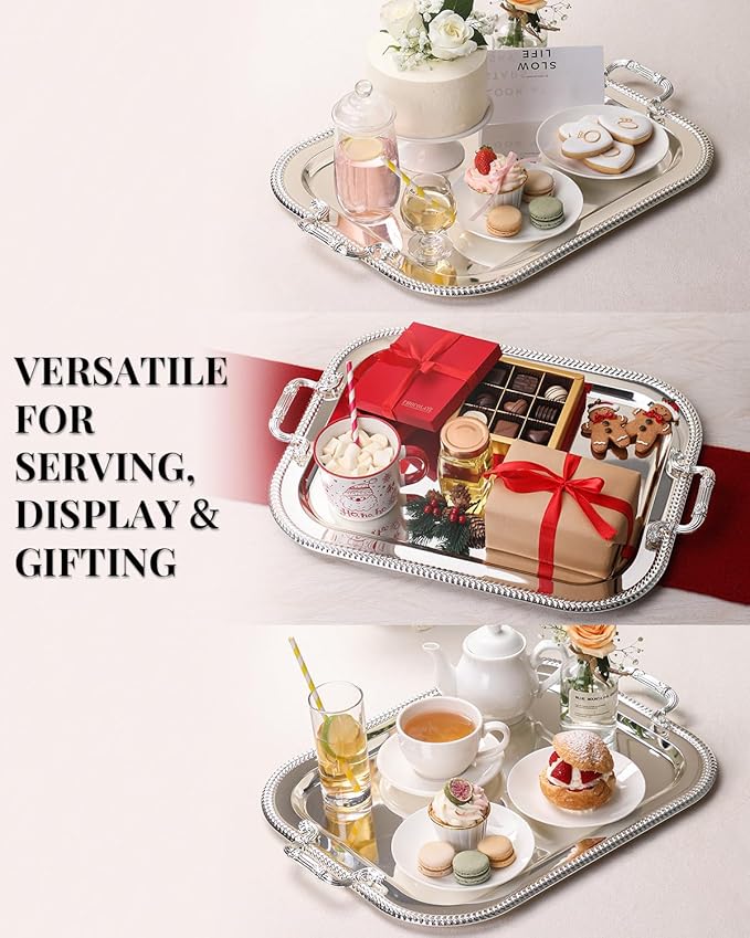 18.5"x14.5" Rectangular Silver Serving Tray with Handles, Beautiful Mirror Polished Finish, Lightweight Classic Metallic Decorative Silverplate Tray for Wedding Anniversary Birthday Holiday Gatherings