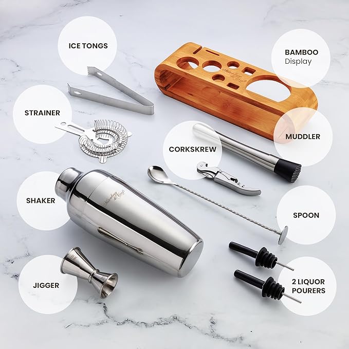 Mixology & Craft Cocktail Shaker Set: 10-Piece Bartender Kit with Stand | Complete Cocktail Kit Gift Set | Top Bartender Gifts for Men & Women | Leak-Proof Design (Silver)