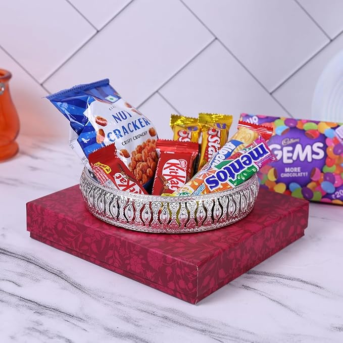 Silver Decorative Multipurpose Round Tray – 6 × 1 Inches Ornate Metal Platter for Snacks, Dry Fruits, Makeup, Jewelry, Puja & Gifts – Elegant Home Décor Serving Tray