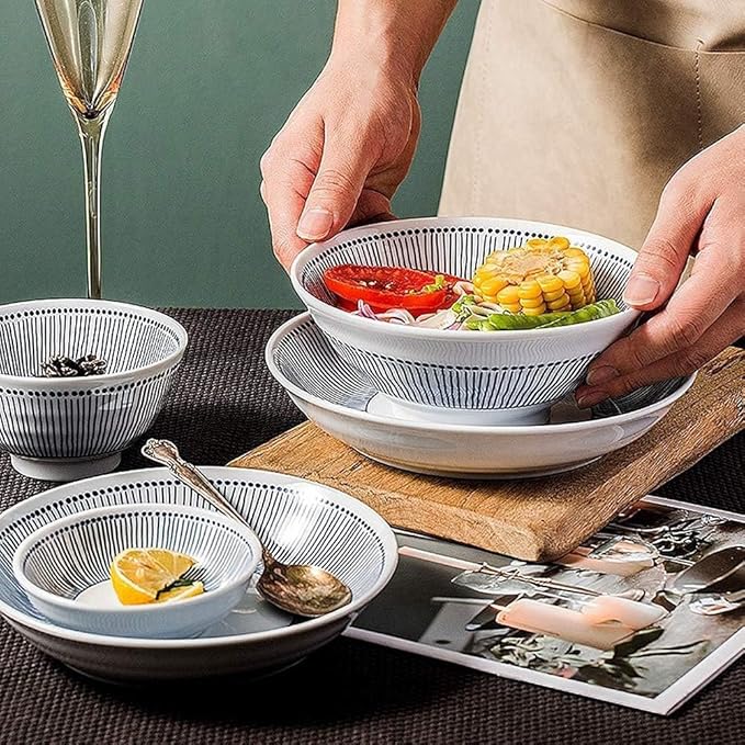 Elegant Fine Dinnerware Set,White Porcelain Dinnerware Set with Blue Line Stripes, Ceramic Plates and Bowls Sets, Unique Dish Set for Parties or Everyday Use,Service,