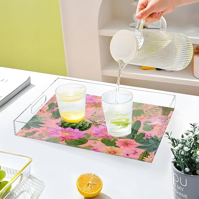 Serving Tray with Handles Clear Acrylic Tray 12x16 Inch Decorative Rectangular Tray Organizer for Ottoman Coffee Table Bathroom Cacti Succulents and Bright Pink Flowers
