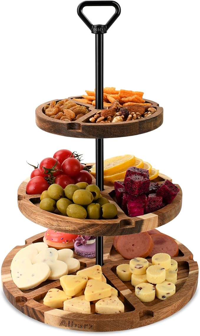 Elegant Charcuterie Boards Three Tiered Acacia Cheese Board and Cupcake Stand with 360° Easy-to-Spin Trays, Perfect for Gatherings, Housewarming Gifts, Celebrations, and Daily Usage.