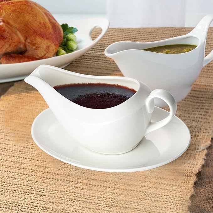 Gravy Boat with Saucer, 14oz Ceramic Gravy Bowl Sauce Boat with Tray for Broth, Salad Dressings, Cream, Milk and Black Pepper (white, Large)