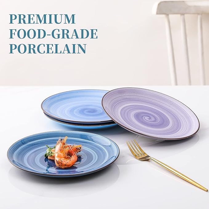 KitchenTour Ceramic Dinner Plates, 8 Inch Porcelain Serving Plate for Salad, Dessert Pizza Steak Pasta Plates Set, Dishwasher and Microwave Safe - Set of 6, Assorted Cool Colors