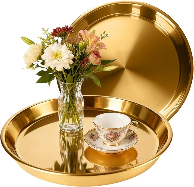 Gold Round Serving Tray, 15", 2 Pack