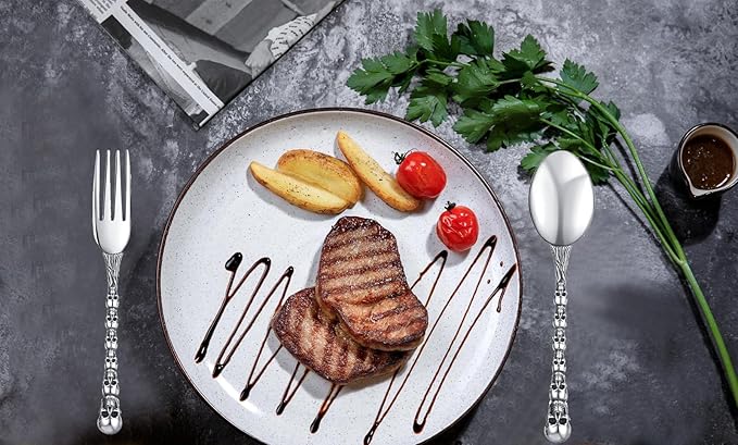 Skull Motif Serving Spoon Fork Set, Premium Stainless Steel Fork Spoon Silverware Set, Unique styles 3D Skulls, Dishwasher Safe, for Home, Kitchen, or Halloween Decorations