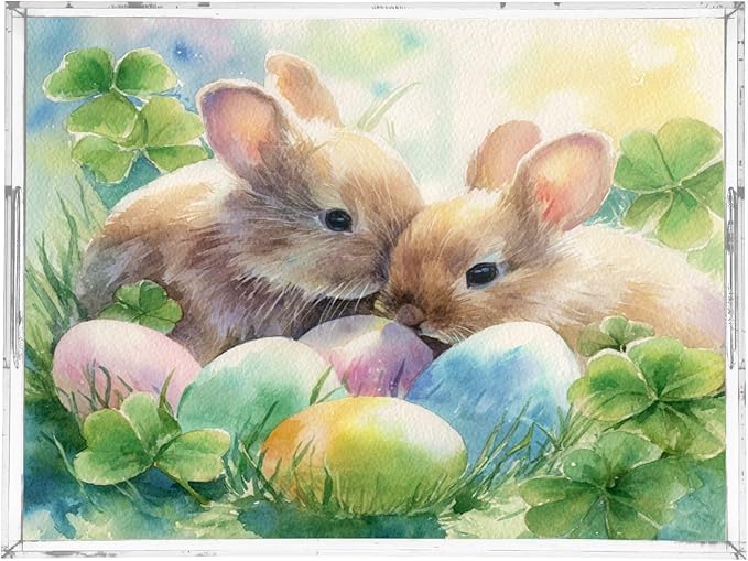 Serving Tray with Handles Clear Acrylic Tray 12x16 Inch Decorative Rectangular Tray Organizer for Ottoman Coffee Table Bathroom Watercolor Easter Bunny Clover
