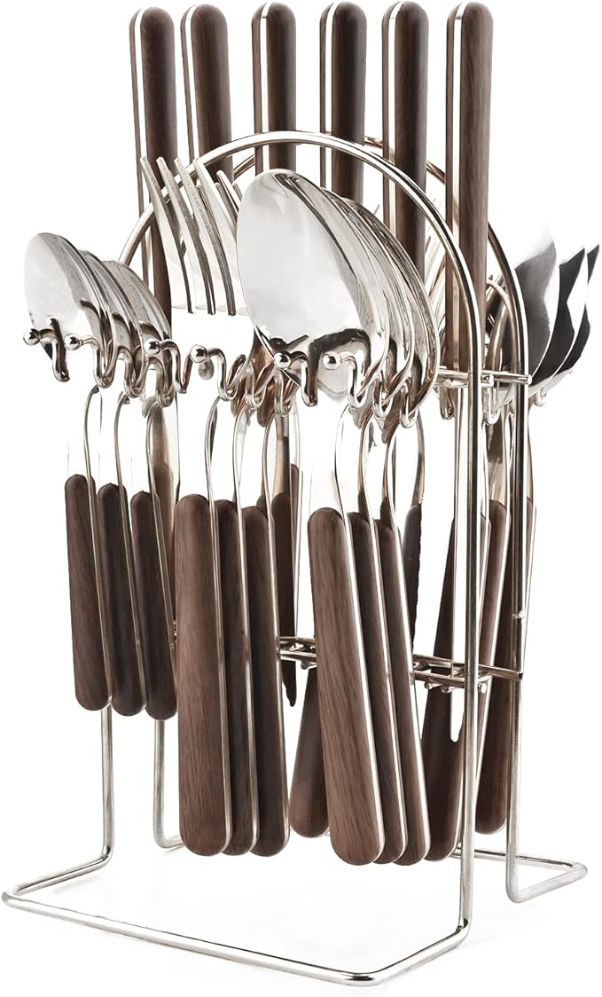 24-Piece Wooden Handle Stainless Steel Flatware Set With Cutlery Holder, Hanging Tableware Home Kitchen Utensils Service For 6, Mirror Silver Polish