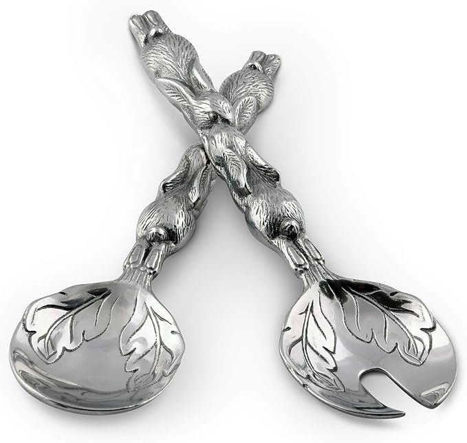 Arthur Court Designs Aluminum Metal Bunny Salad Serving Spoon and Salad Serving Fork, Salad Servers Set 11 inch Long