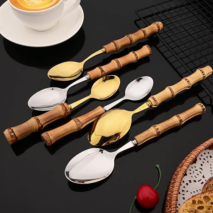 JASHII 30pcs Bamboo Handle Silverware Set, 304 Stainless Steel Gold Flatware Set, Service for 4, with 2pcs Serving Spoons.Mirror Polished, Reusable Bamboo Cutlery Set for Home Party